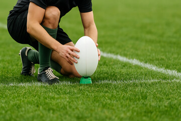 Rugby player placing ball on kicking tee before match, close up of athlete preparing for kick on green grass field, professional rugby union sport action, competitive game preparation, sports training