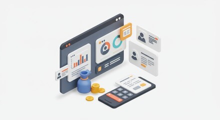 Fototapeta premium Isometric 3D Illustration: Financial Data Analysis on Laptop and Mobile, Money, Charts