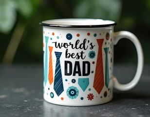 White ceramic mug celebrates Father Day with colorful ties, bold World Best Dad lettering. This heartfelt gift showcases appreciation for fatherhood, parenthood, offering stylish, unique present.