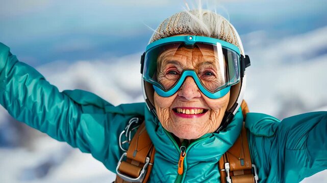 Skydiving Granny's Joyful Leap: An elderly woman, beaming with exhilaration, leaps through the sky in a vibrant skydiving scene, showcasing the zest for life, freedom, and breaking barriers.