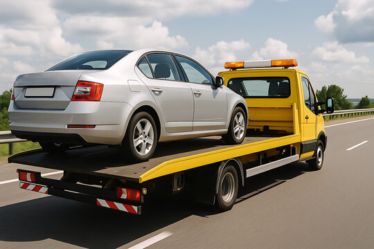 Yellow tow truck transporting silver sedan car on highway road, roadside vehicle breakdown assistance, emergency roadside service, automobile recovery transport, car towing repair service concept, roa
