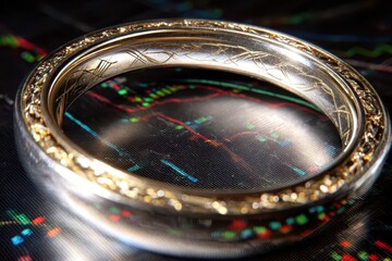Intricate Gold and Silver Ring on a Stock Market Graph