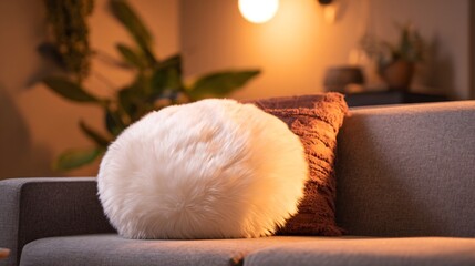 Cozy faux fur plush round cushion placed modern sofa with boho style decor warm lighting