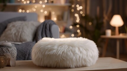 Obraz premium Cozy faux fur plush round cushion placed modern sofa with boho style decor warm lighting