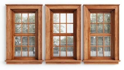 Obraz premium Three wooden windows on a white background