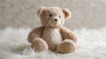 Obraz premium Cute plush teddy bear detailed stitching sitting on a white fur rug high resolution product photography style