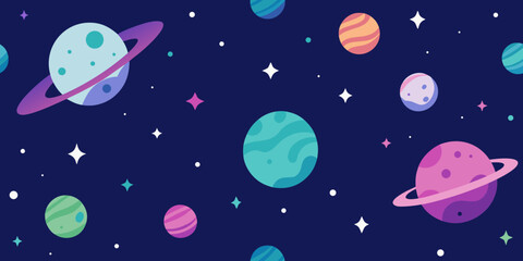 Seamless vector art pattern of a colorful galaxy with planets, stars, and spaceships