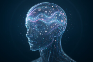 Futuristic digital human head profile with glowing neural network connections, artificial intelligence data streams, virtual reality brain interface, cybernetic mind visualization, advanced technology