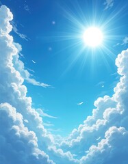 Bright sun radiates through fluffy clouds in vibrant anime sky. Peaceful, serene scene celestial beauty, airy atmosphere, radiant glow. Dreamlike fantasy illustration captures tranquil daytime.