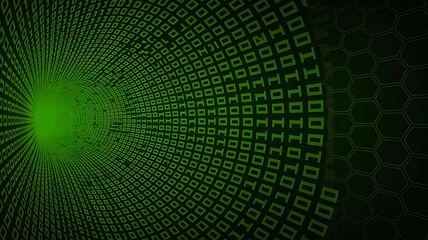 Digital binary code tunnel in green with abstract tech background