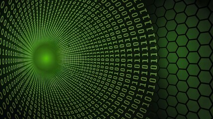 Digital green tunnel with binary code and hexagonal tech pattern