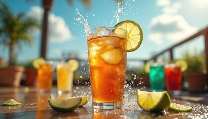 Refreshing iced tea summer party drinks served on a rooftop bar. Tall glass with cold beverage, ice, lime slice and splashes. Colorful cocktails with citrus fruits and bubbly liquid in background.