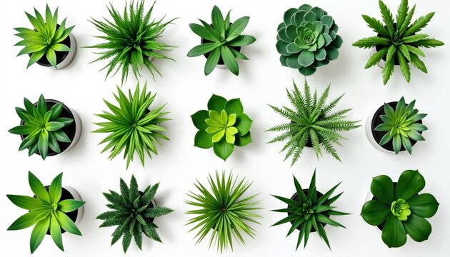Top view collection of diverse potted plants. Green foliage features various succulent, leafy types in pots. Ideal for interior design, color floor plans, botany projects, illustrating nature, plants.