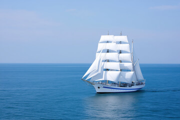 sailing ship with white sails gliding across calm blue ocean waters under clear sky.