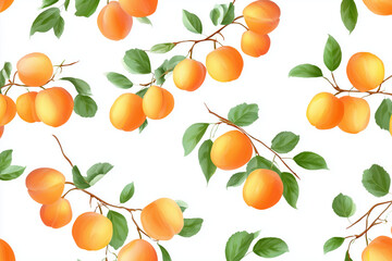 Obraz premium Vibrant orange apricots with green leaves on a white background creating a fresh illustration design