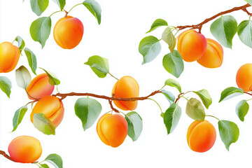 Vibrant apricot fruits hanging on branches with lush green leaves against a white background