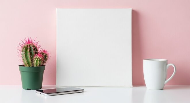 A minimalist composition featuring a potted cactus, a blank canvas, a smartphone, and a coffee cup on a white surface - Powered by Adobe