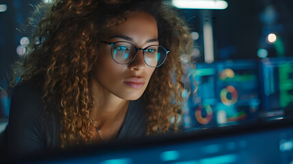 Software engineer working on computer in monitoring room with analytics feed showing on multiple displays