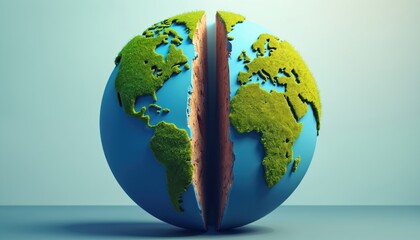 Fototapeta premium Divided Earth representation, green continents split by rocky core. Symbolizes environmental crisis, ecological balance, nature conservation. Abstract concept art for climate change, sustainability.