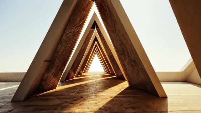 Architectural Gateway to Light: The image showcases a modern architectural design with a series of triangular structures converging toward a bright light, creating a visually compelling perspective. 