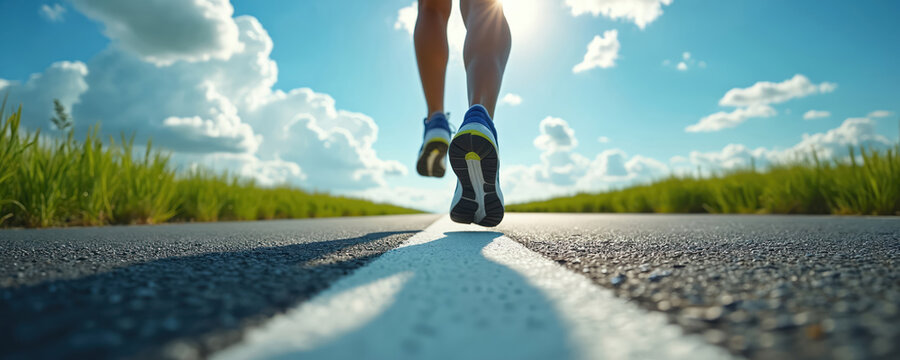 Runner feet in athletic shoes pound pavement on open road. Clear blue sky with fluffy clouds above. Symbolizes fitness, freedom, and healthy lifestyle. Journey toward horizon.
