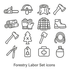 Forestry labor linear icons set: chainsaw, saw, stump, axe, logs, gloves, shirt, boots, tree, safety gear