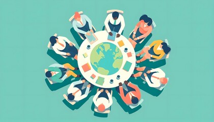 International conference or global summit concept illustration. Top view of diverse delegates collaborating around a round table with a world globe.