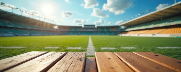 Wooden table in foreground overlooking a football stadium field. Sunny day with blue sky and clouds. Empty space on table for snacks and beverages promotes fast food at sporting events.