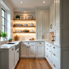 Fototapeta premium Modern farmhouse butler pantry features cream cabinetry with brass hardware, open shelving with warm lighting, farmhouse sink. Space includes white marble countertops, large window, warm wood