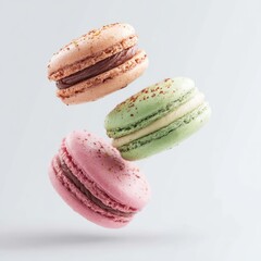 Three colorful macarons in mid-air, light pastel tones