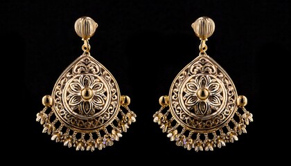 png ornate gold jhumka earrings with floral motifs on black background