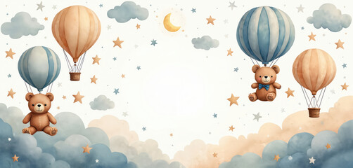 Cute teddy bear rides hot air balloon through clouds under moon and stars. Whimsical watercolor illustration perfect for baby shower invitation, nursery decor, or birthday announcement.