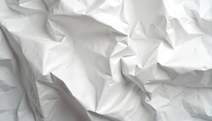 Fototapeta premium Close-up abstract background of crumpled white paper texture. Blank sheet detail shows subtle wrinkles, creases, forming empty surface with graphic design potential. Perfect for design projects