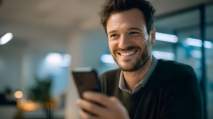 Happy businessman using smartphone in office at night smiling and reading good news