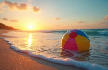 Obraz premium Colorful beach ball floats on calm ocean wave at sunset. Warm light reflects on water, creating serene, playful beach vibe. Childhood summer leisure, tropical travel, coastal sunshine escape, nature,