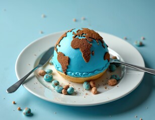 Fototapeta premium Blue planet dessert with earthy chocolate continents on white plate. Small blue, brown candies surround cake. Culinary art piece highlights global gastronomy, environmental awareness, sustainable