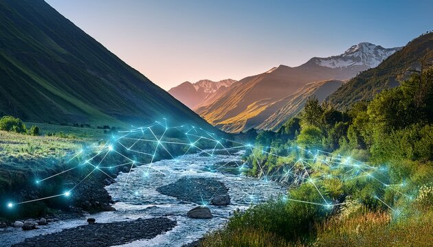 a valley with mountains and a glowing river composed of data points suggesting a blend of natural landscapes and digital technology