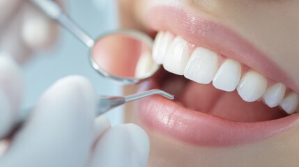 Dentist examining patient&rsquo;s teeth with dental mirror during appointment.