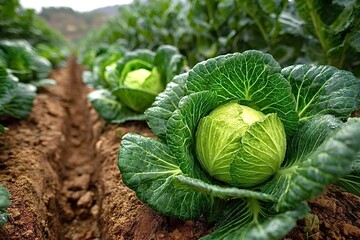 Fototapeta premium Cabbages growing in cultivated field on farmland