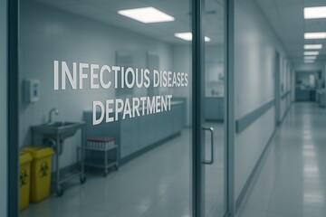 glass door labeled infectious diseases department inside sterile hospital corridor with clinical sink and biohazard waste bins &mdash; ideal for infection control, outbreak response, lab safety visuals