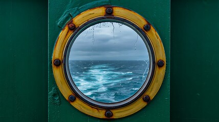 Ocean view through round porthole on ship with stormy sea

