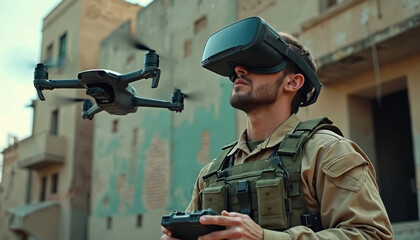 Military operator controls FPV drone using virtual reality goggles, remote controller. Soldier wears tactical gear, engages in aerial surveillance combat training. AI neural network technology aids