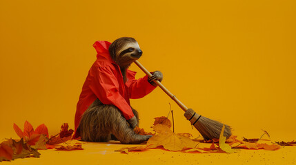 Funny sloth in red coat sweeping autumn leaves with broom on yellow background, surreal seasonal humor concept. Perfect for advertising, branding, fall campaigns and creative storytelling.