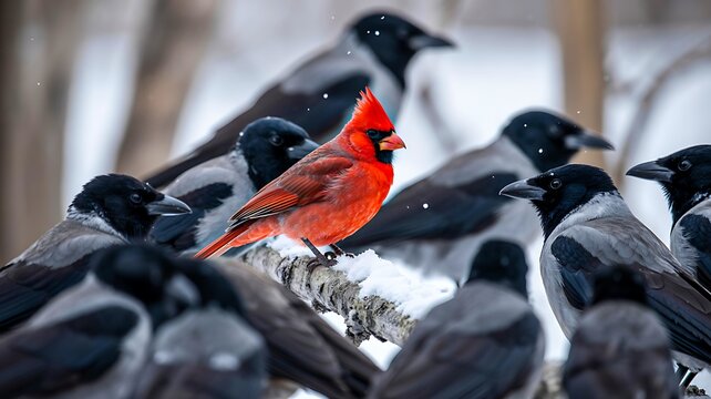 Red cardinal bird standing on branch with black crows in snow

 - Powered by Adobe