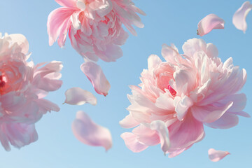 Beautiful pink peonies floating against a serene blue sky with delicate petals drifting gently