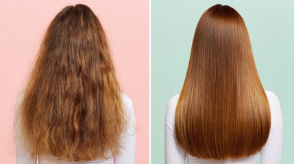 Fototapeta premium A back-view before-and-after collage showing frizzy, voluminous hair on the left and smooth, straight, shiny hair on the right after treatment or styling.