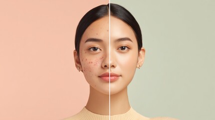 Woman’s face with problematic skin and clear skin shown in before and after comparison.