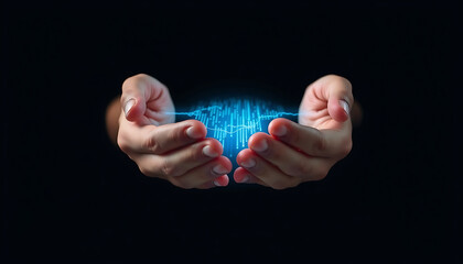 A pair of cupped hands protecting a stream of glowing blue digital data floating between them. The background is completely dark and minimalist, putting all focus on the gesture of protection and the 