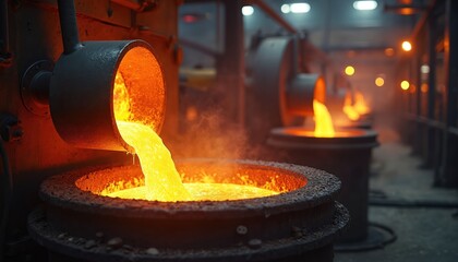 Molten aluminum flows from ladle into crucible at foundry. Industrial scene with glowing liquid metal, heat, steam, furnaces, machinery. Heavy manufacturing and production process in a steel plant.