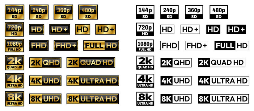 Ultra Hd icon collection. 480p, 720p, 1080p, 2K, 4K and 8K symbol of High Definition monitor display resolution standard. Label for device screen. Vector illustration	